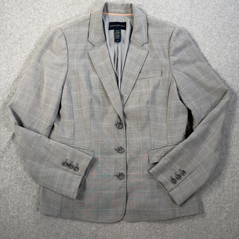 Banana Republic Women's Size 12 Gray Plaid Stretch Blazer Jacket Career Workwear